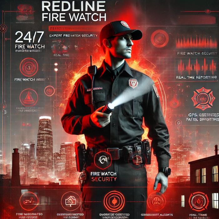 A professional firewatch security guard in a fire-resistant uniform with a REDLINE logo stands in the foreground, holding a flashlight and a digital inspection device. Behind him, a cityscape at night is illuminated with subtle smoke and fire elements. A semi-transparent digital dashboard overlays the scene, displaying GPS-tracked patrol logs, emergency alerts, and compliance checklists. Bold text reads "PROTECT YOUR PROPERTY," with additional messaging about REDLINE Fire Watch’s expert services.