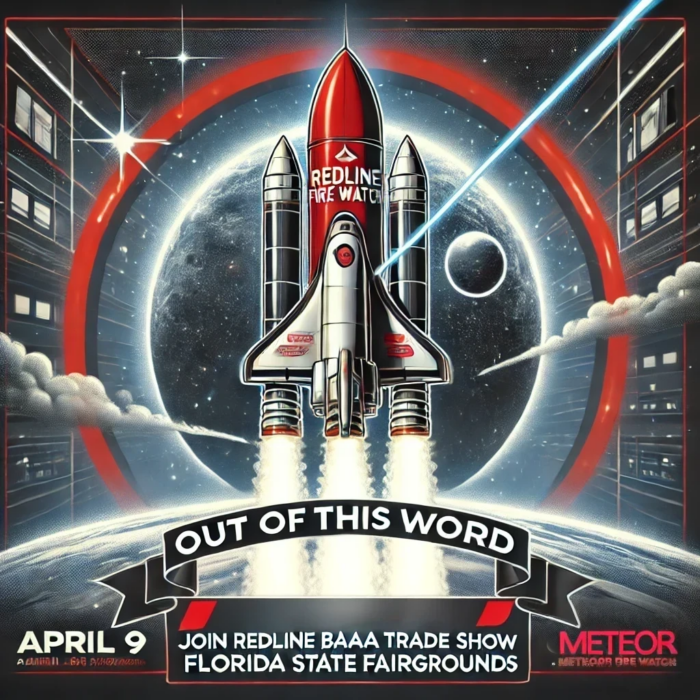 A futuristic, space-themed promotional graphic for the 2025 BAAA Trade Show. The image features a Redline Fire Watch-branded rocket launching from a planet with a starry background. Bold text highlights "Join Redline Fire Watch at the 2025 BAAA Trade Show" along with the event date, April 9, 2025, and location at the Florida State Fairgrounds. The graphic prominently displays "BAAA," "2025," and "METEOR SPONSOR" in a bold, futuristic font.