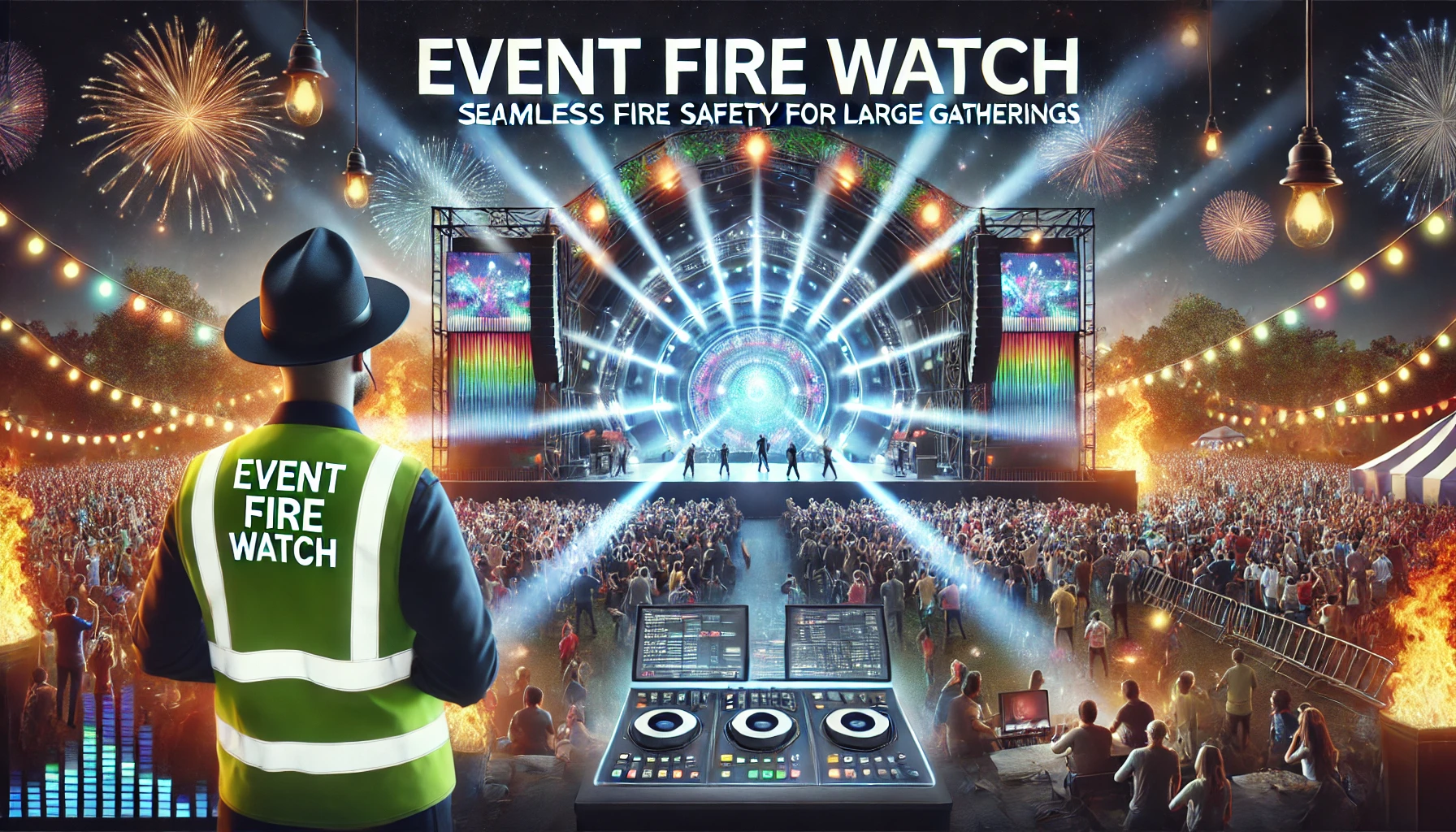 Fire watch specialist standing by at a crowded outdoor event with a high-visibility vest.